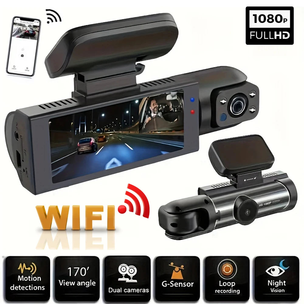 Dual Dashcam Wifi 1080P (Front+Interior+Night Vision)