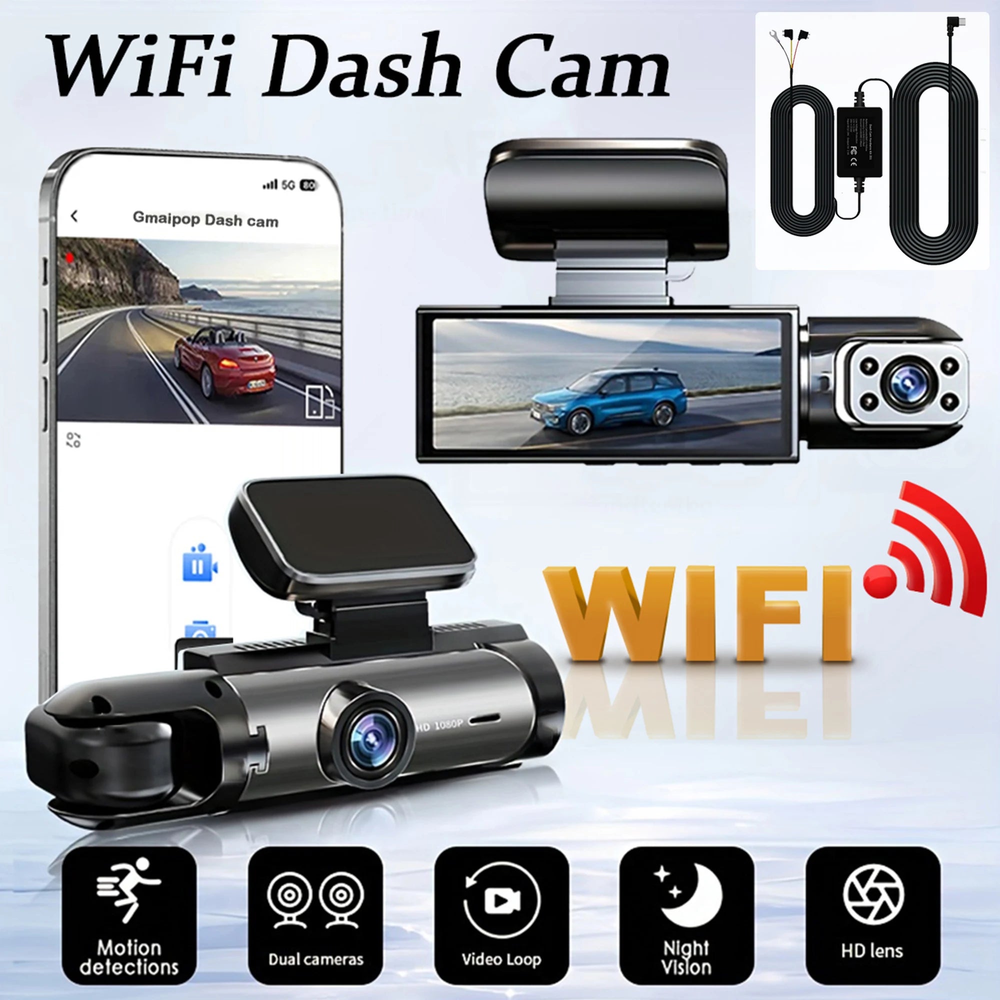 Dual Dashcam Wifi 1080P (Front+Interior+Night Vision)