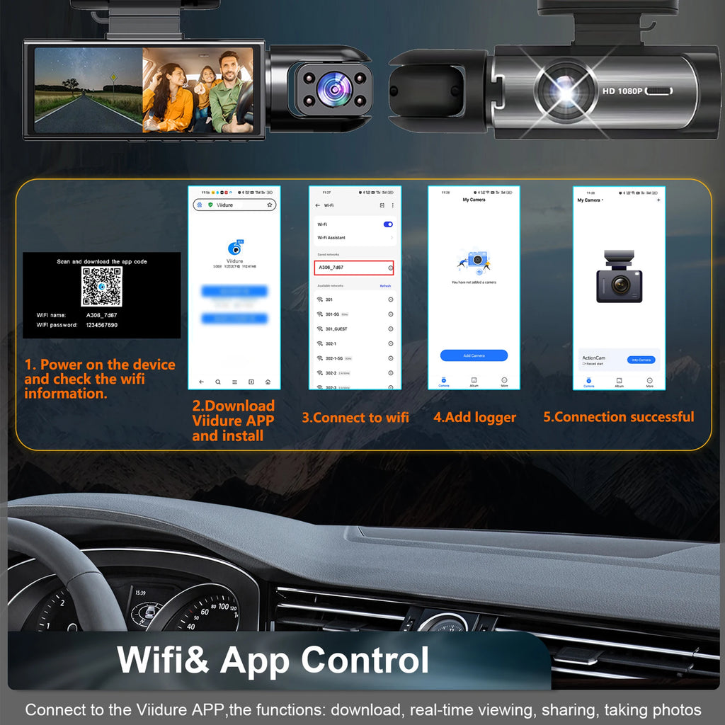 Dual Dashcam Wifi 1080P (Front+Interior+Night Vision)