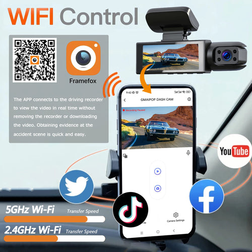 Dual Dashcam Wifi 1080P (Front+Interior+Night Vision)